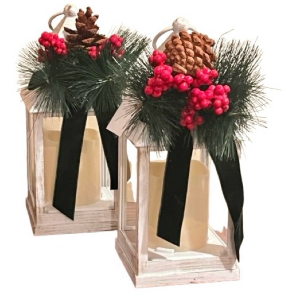 NEW - Set of 2- White Christmas Light Up Lantern with Pinecone & Berries